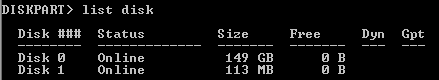 Diskpart list disk